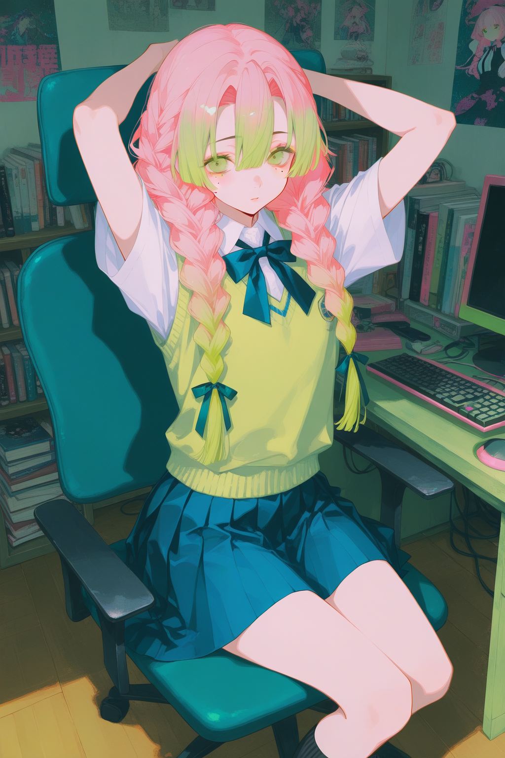 粉发双马尾少女的桌前日常插画