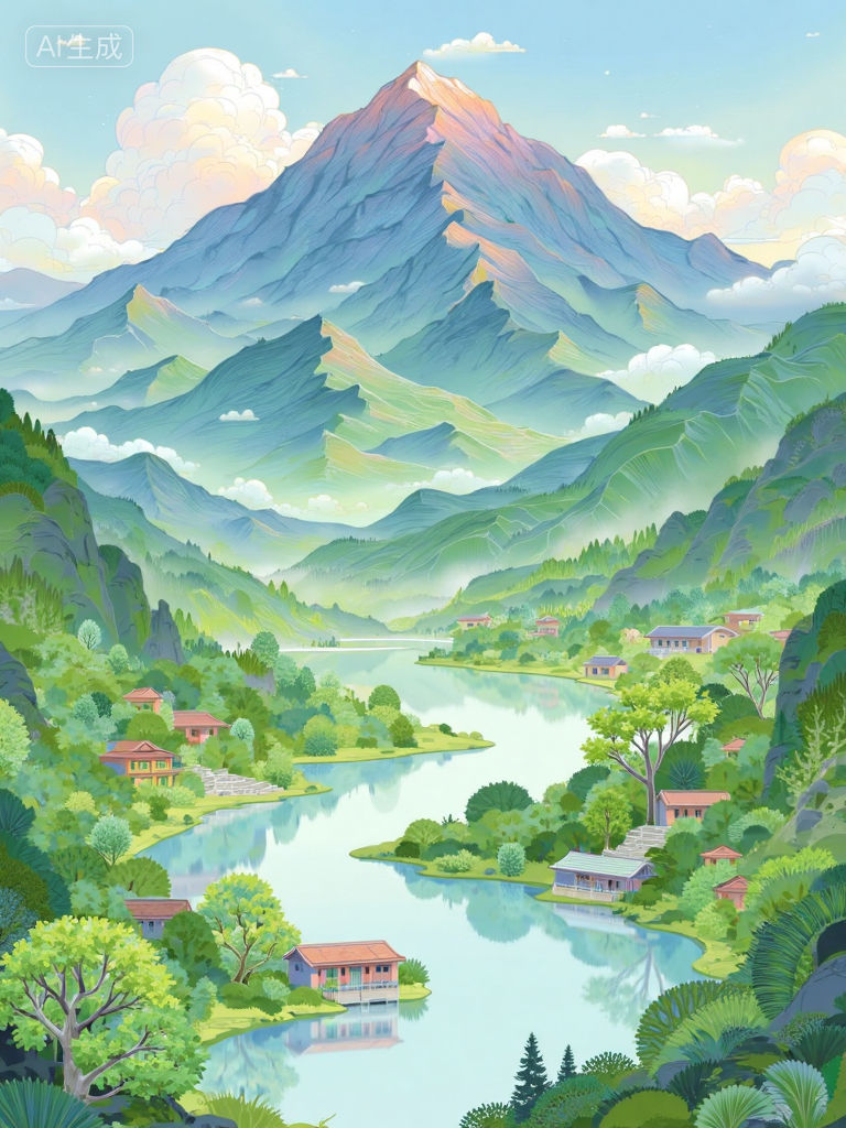 梦幻山谷湖景插画