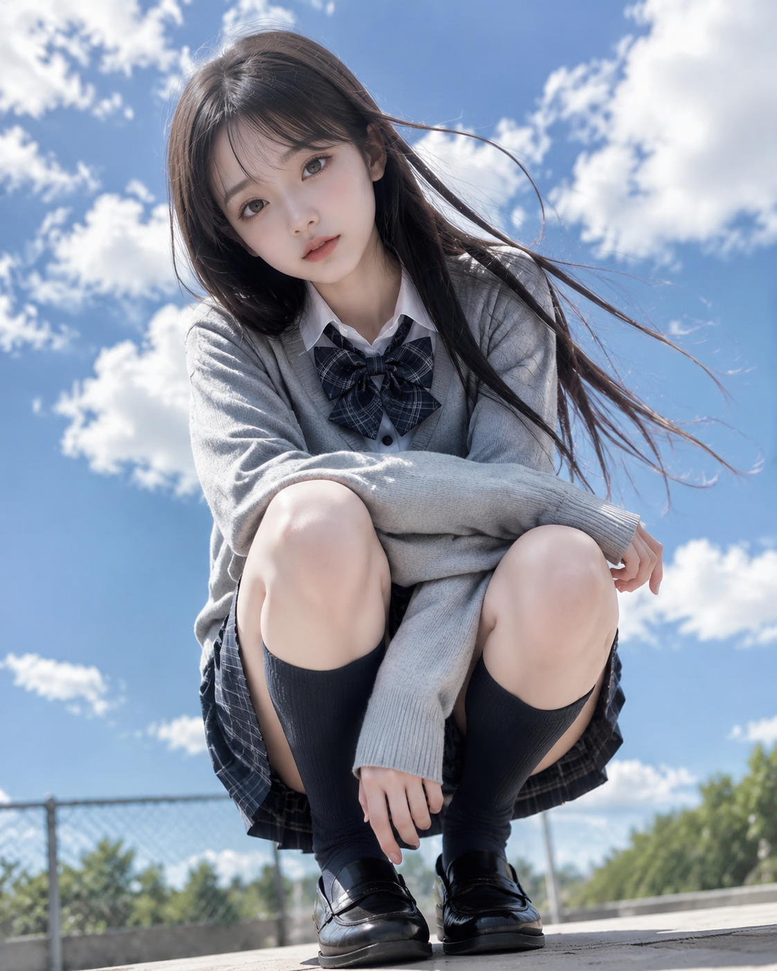 蓝天校园风少女户外蹲姿写真