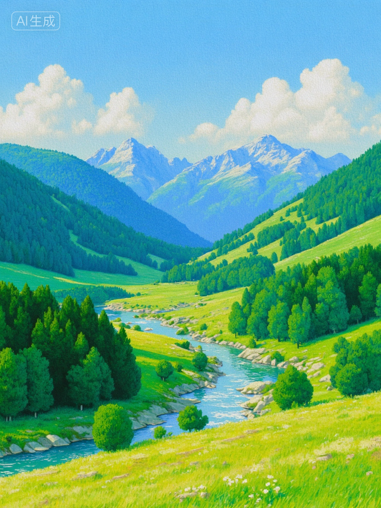 梦幻山谷湖景插画