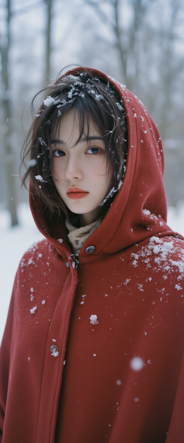 雪中红色兜帽外套的人像特写