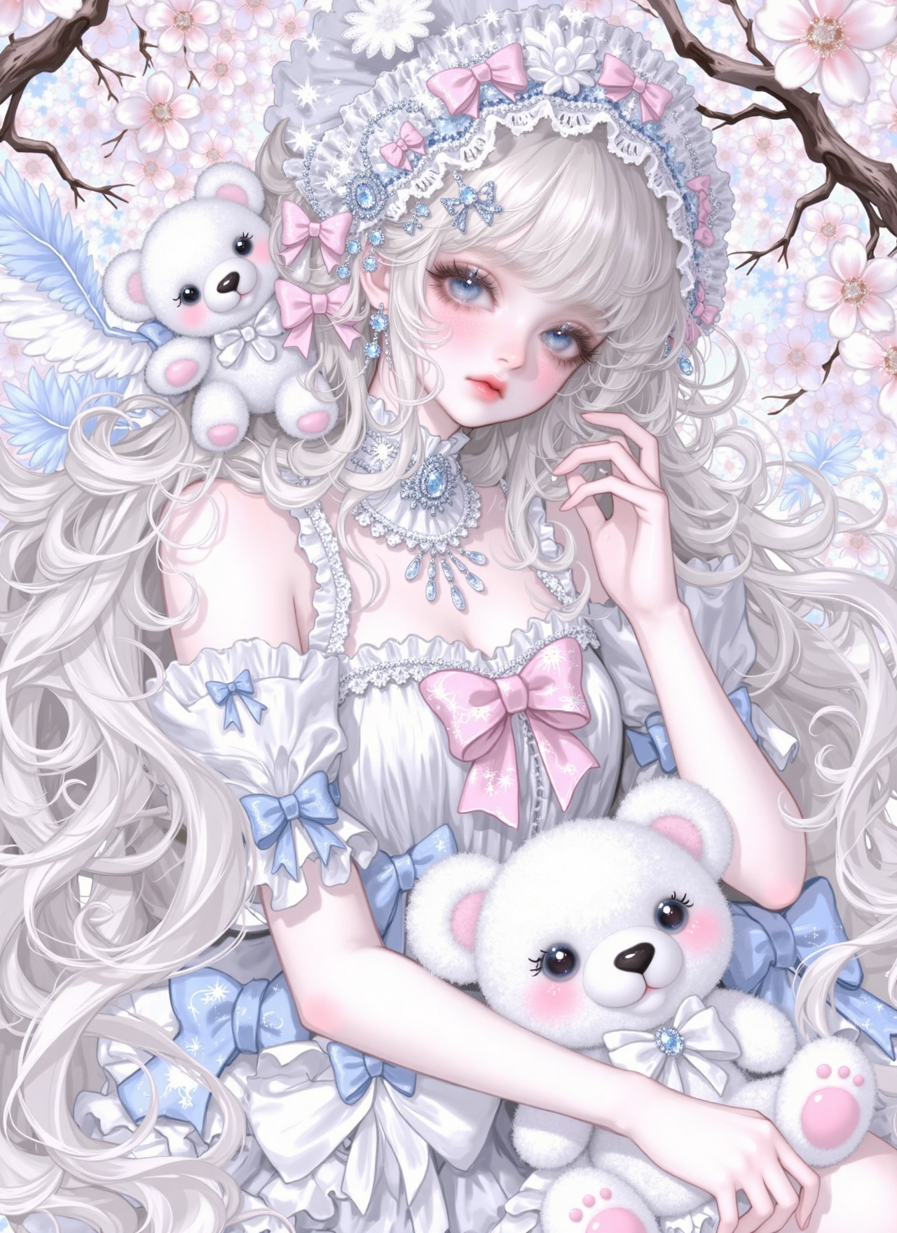 梦幻洛丽塔风少女与泰迪熊的樱花童话插画