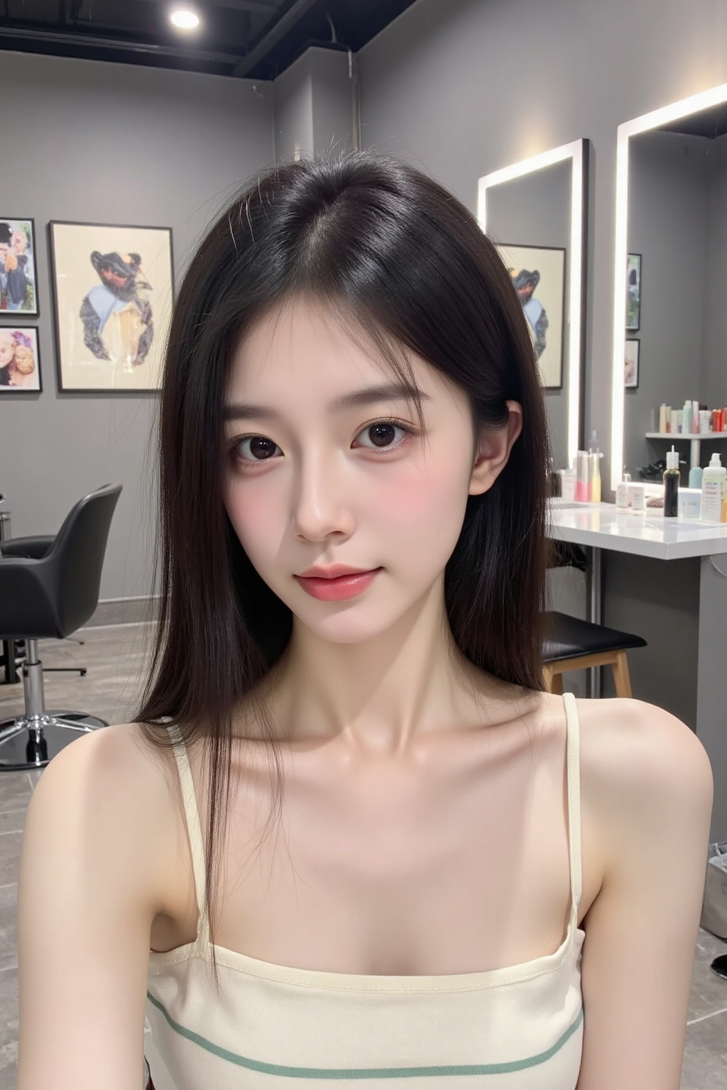 理发店内的长发女性自拍照