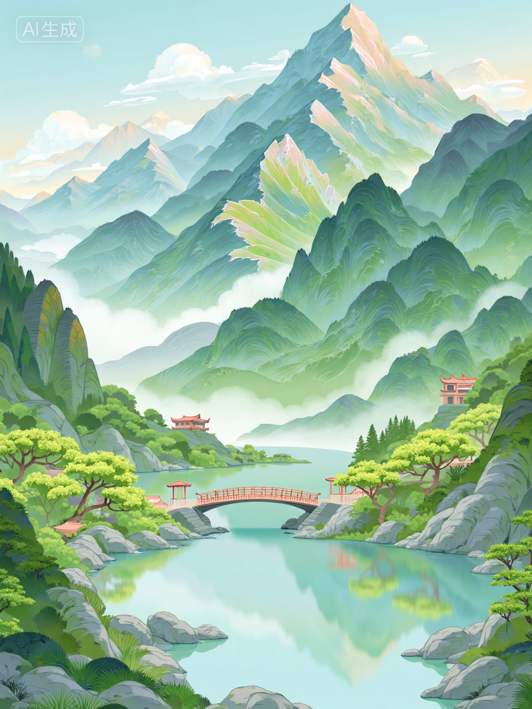 梦幻山谷湖景插画