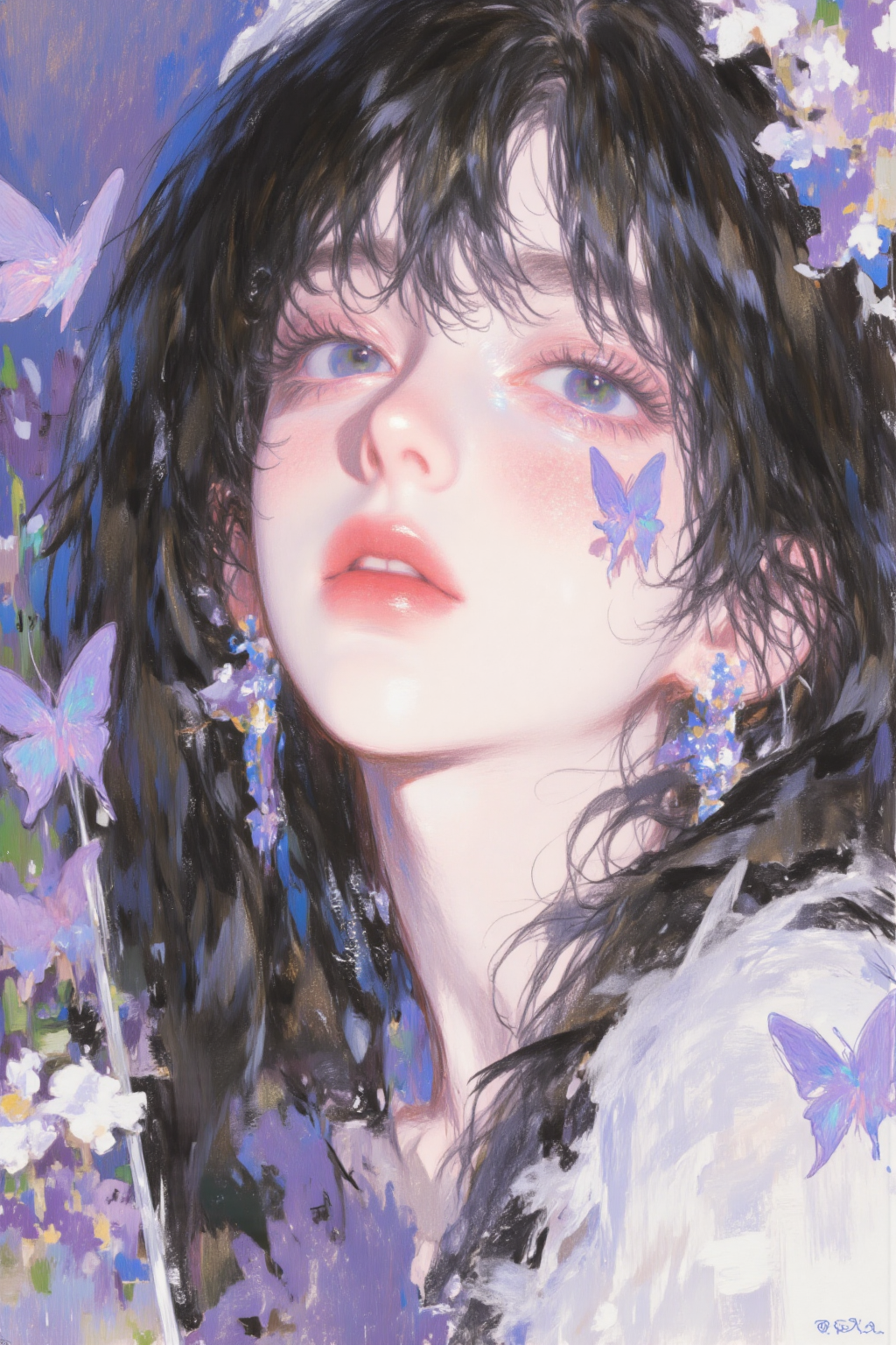 紫色花海中的黑发人物肖像插画