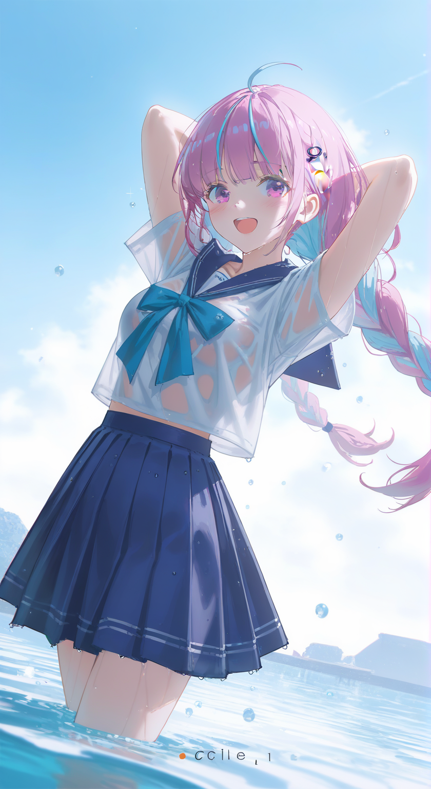 海边清爽感的粉发双马尾少女插画
