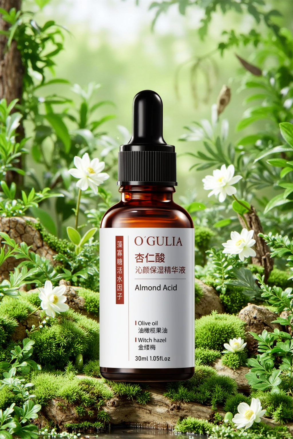 植物草本风格的杏仁酸保湿精华液产品展示图