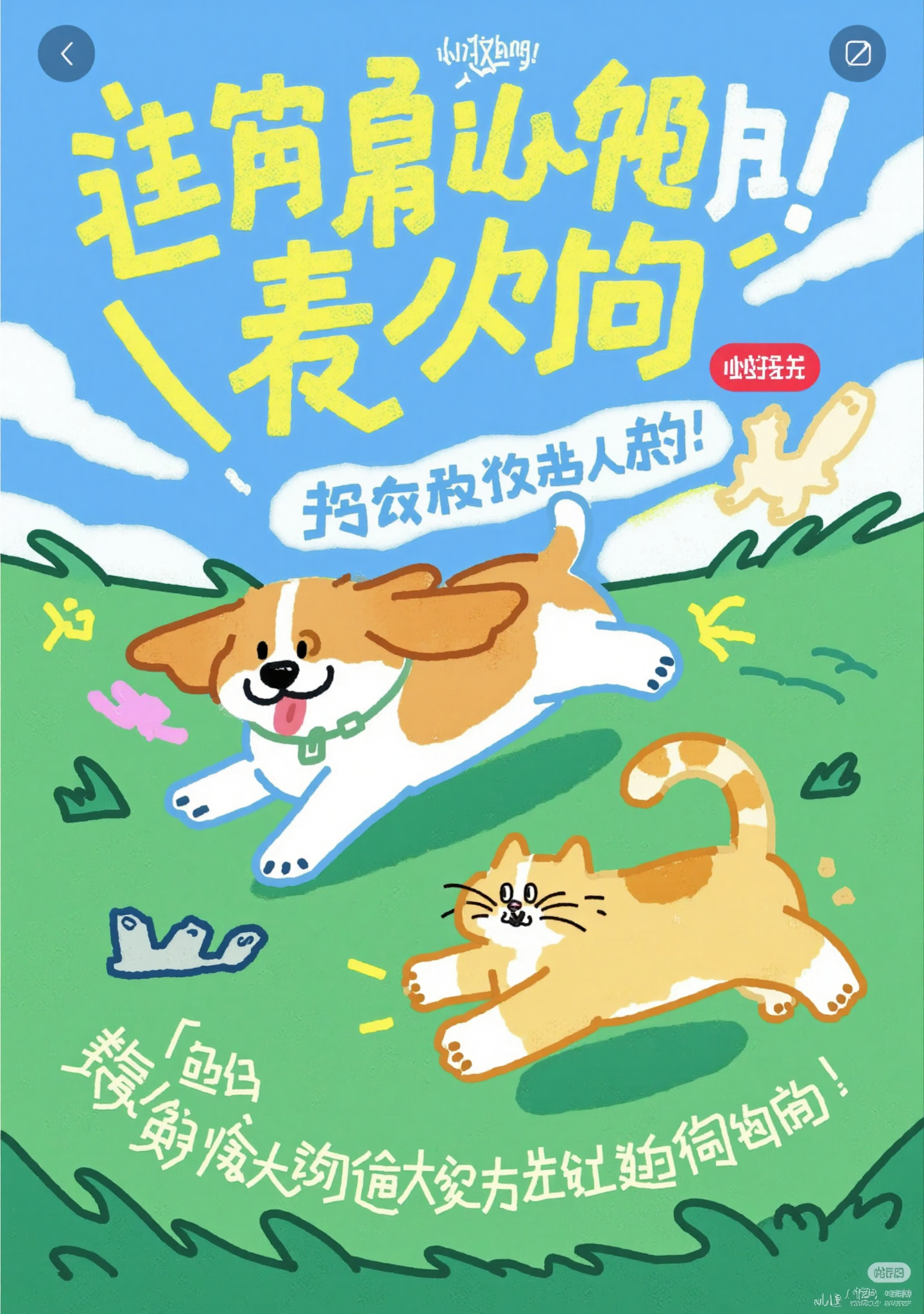 草地上尽情奔跑的狗狗与猫咪卡通海报