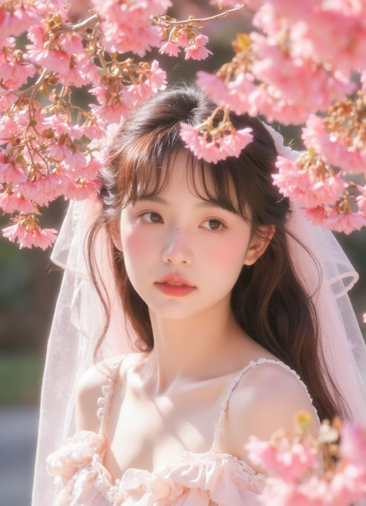 樱花花海中的梦幻新娘肖像