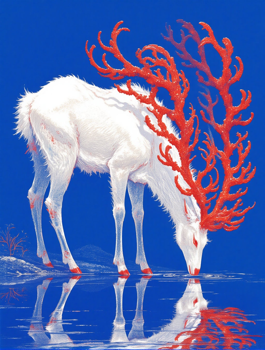 蓝色幻境中的白鹿与珊瑚角