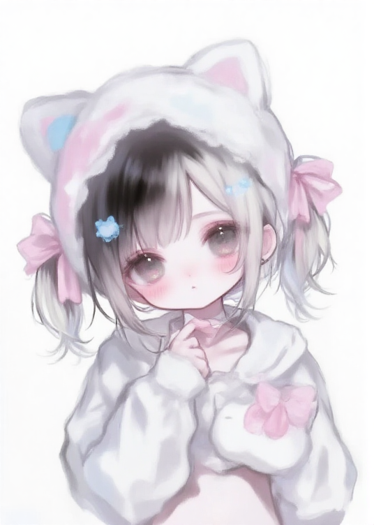 粉白猫耳少女插画