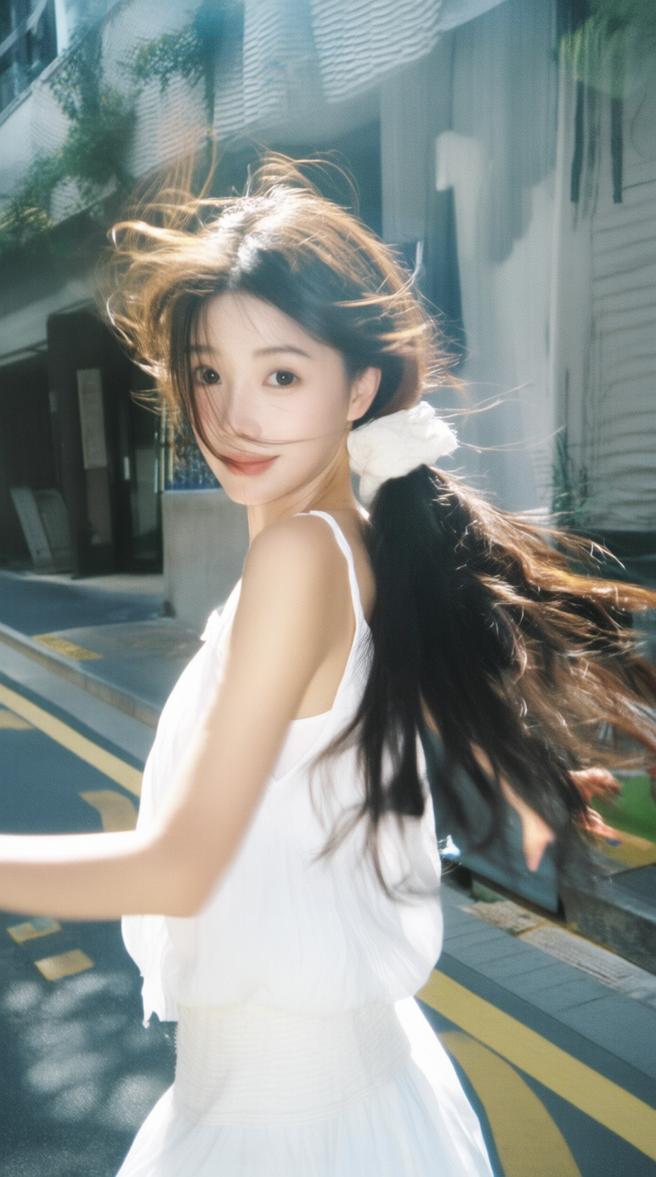 阳光下街头回眸的清新少女