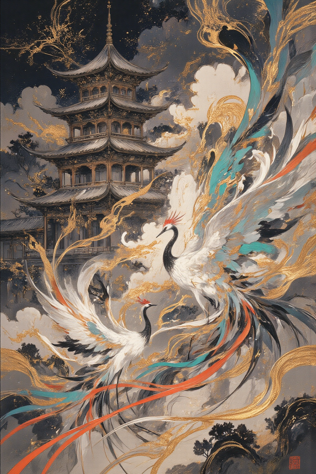 仙鹤与古塔的东方幻境