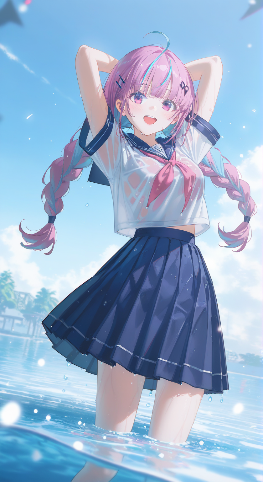 海边清爽感的粉发双马尾少女插画