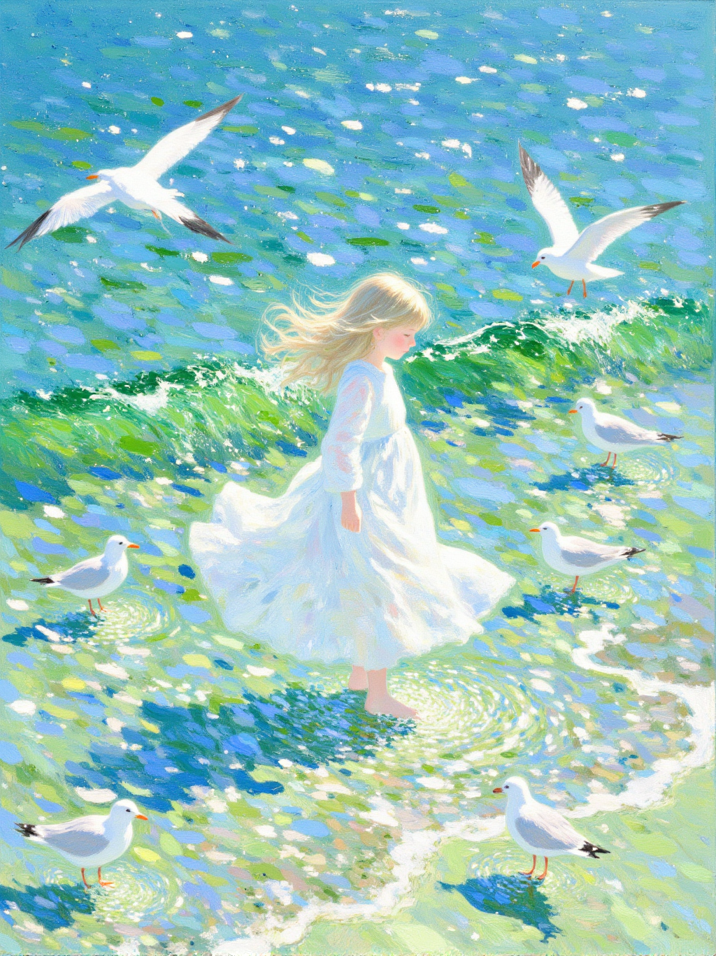 可爱的小女孩 大海 海鸥 光影油画 夏日壁纸 插画