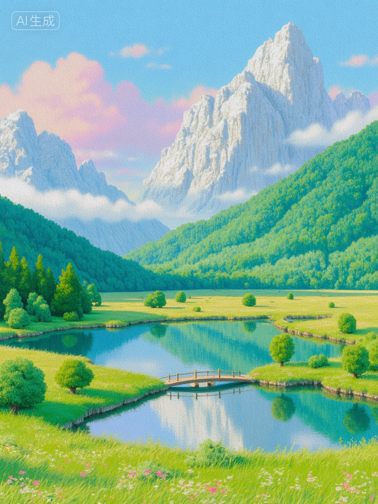 梦幻山谷湖景插画