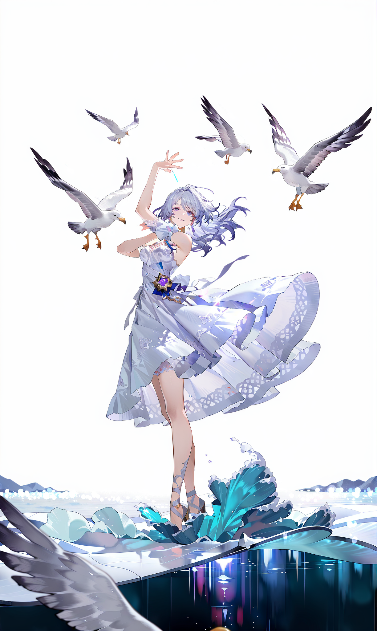 海鸥环绕的蓝发少女