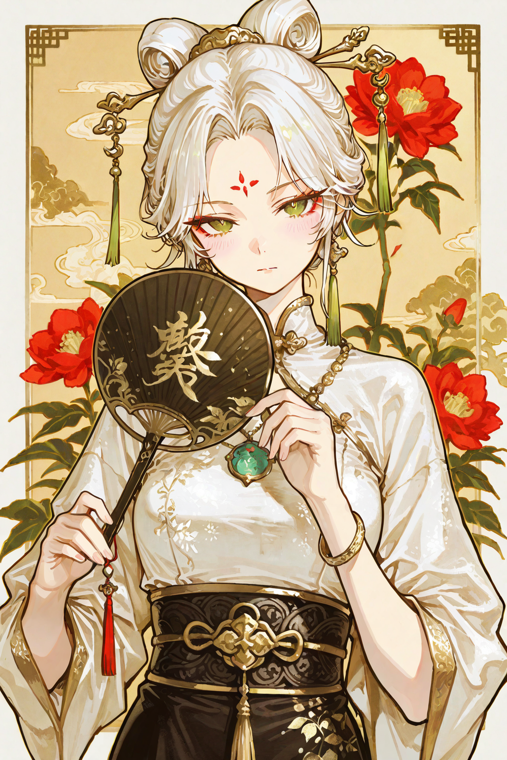 华丽古风金白配色的神秘女性角色插画