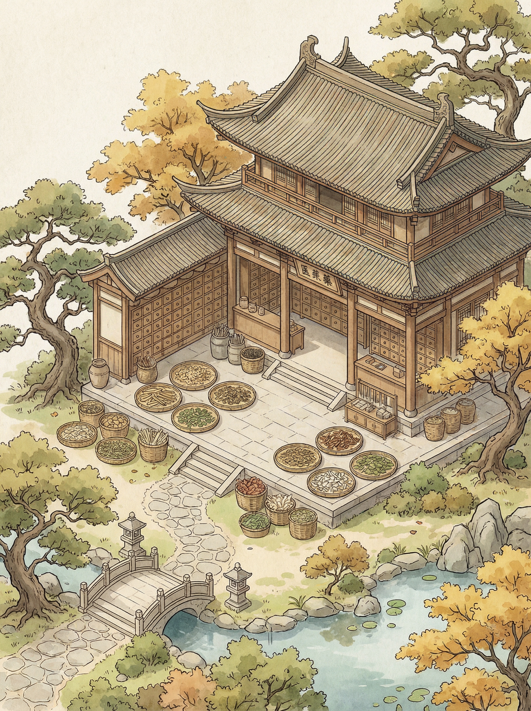 古风药铺园林插画