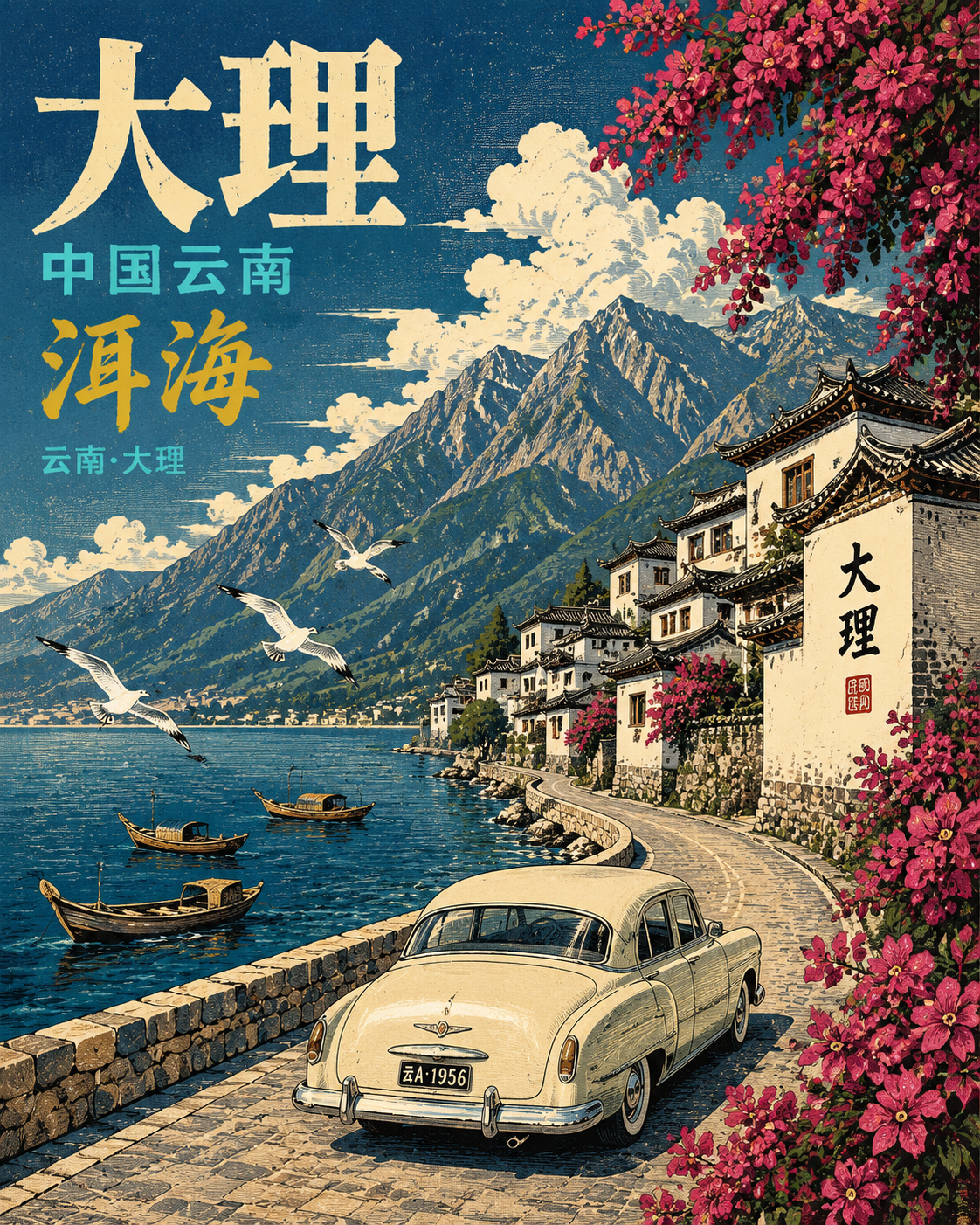 大理洱海复古旅行海报