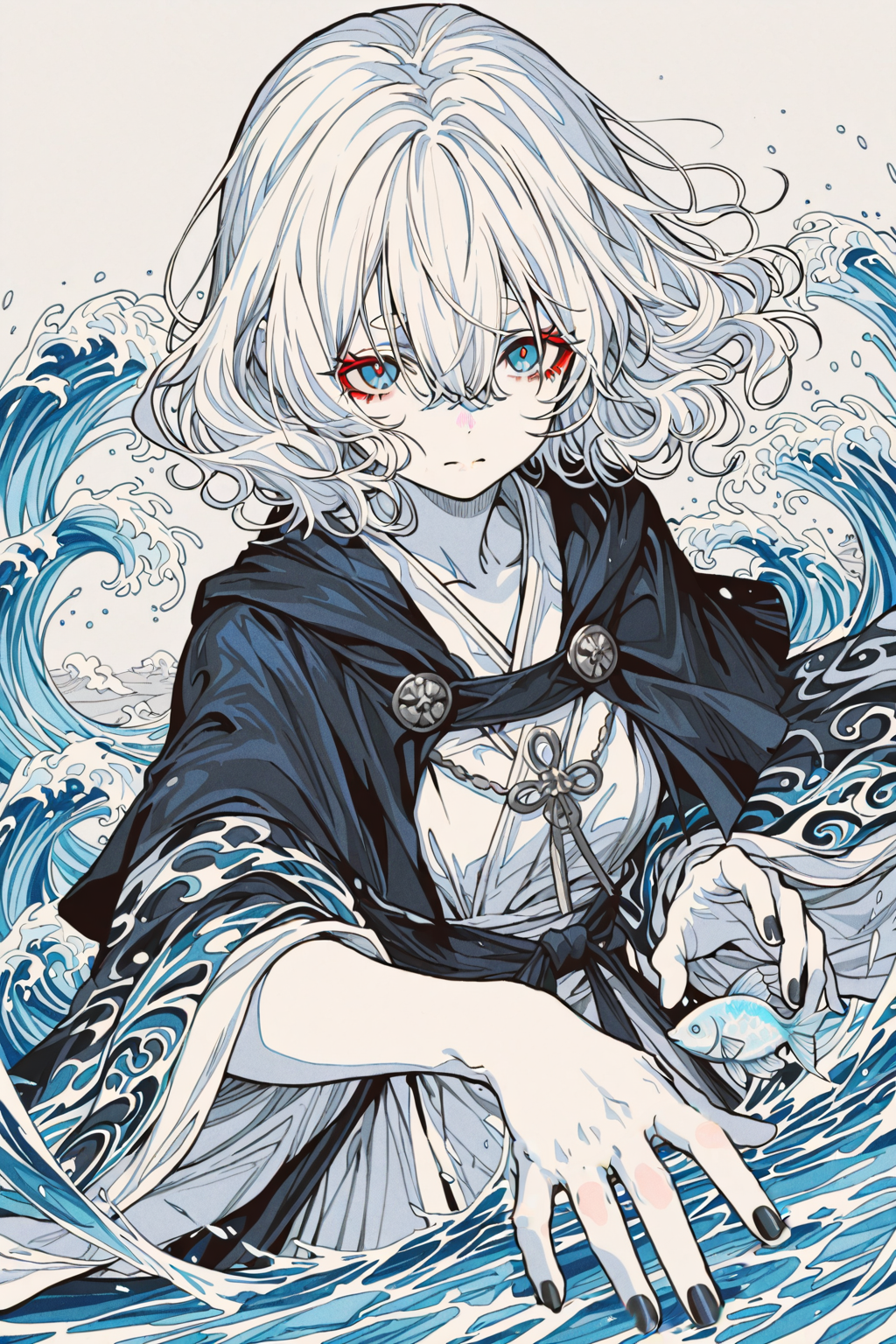 被海浪环绕的白发少女