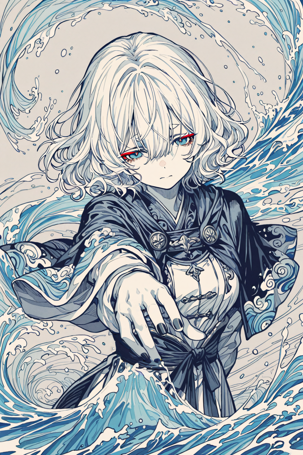 被海浪环绕的白发少女