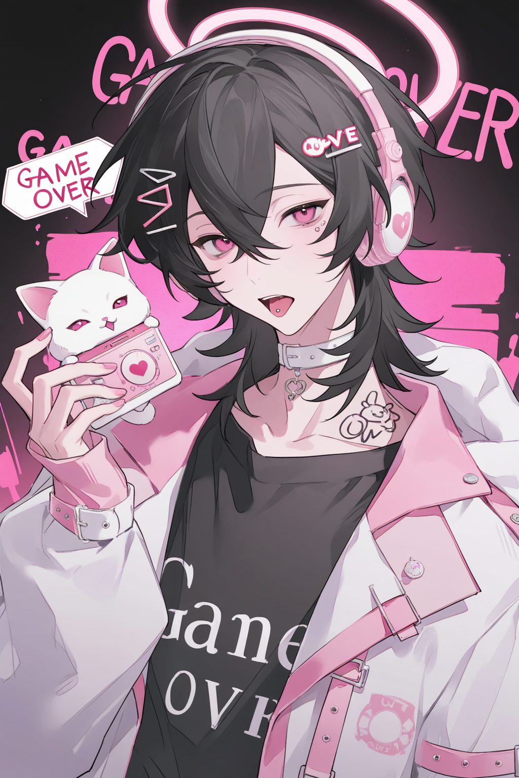 粉黑电竞风二次元少女头像插画