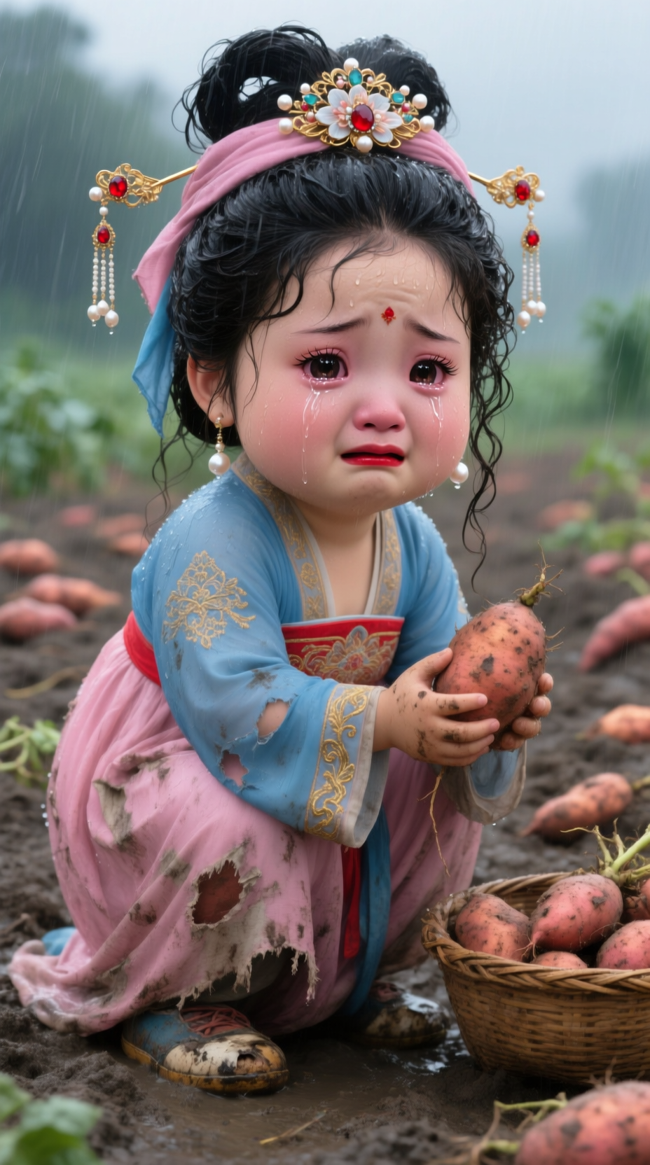 雨中田间采收红薯的古风装扮儿童