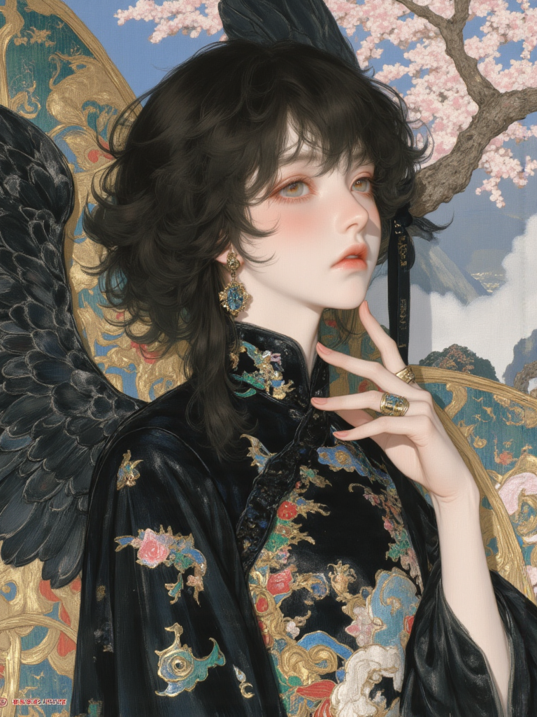 东方华丽风黑金刺绣人物插画