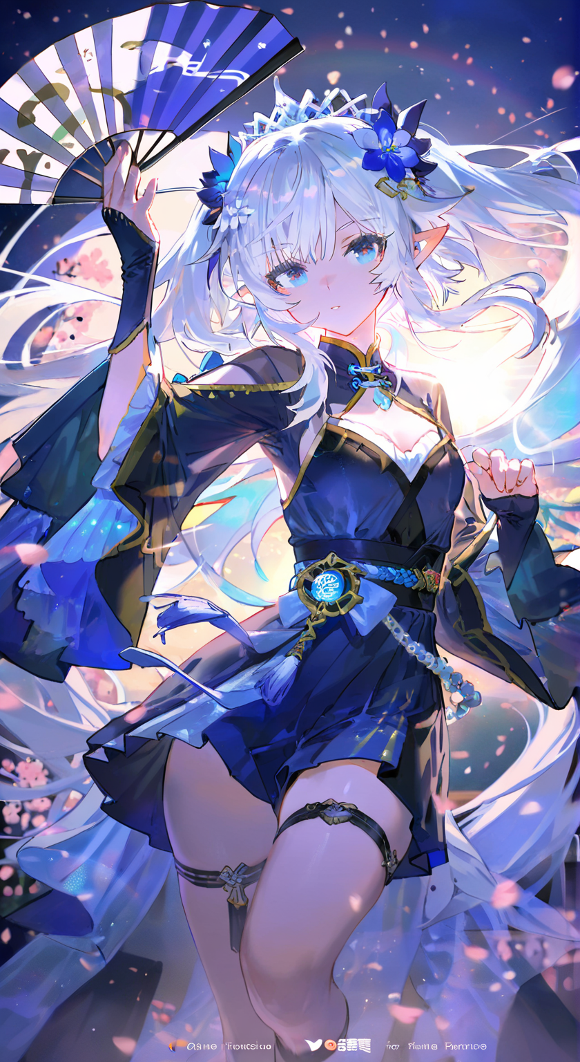 蓝白和风妖精少女的华丽扇舞
