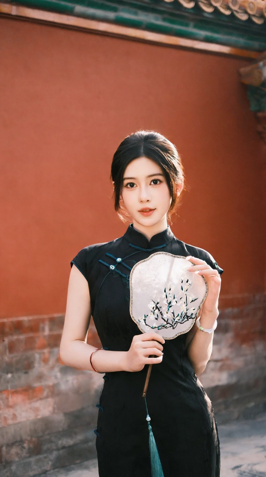 穿旗袍手持团扇的古典风女性肖像