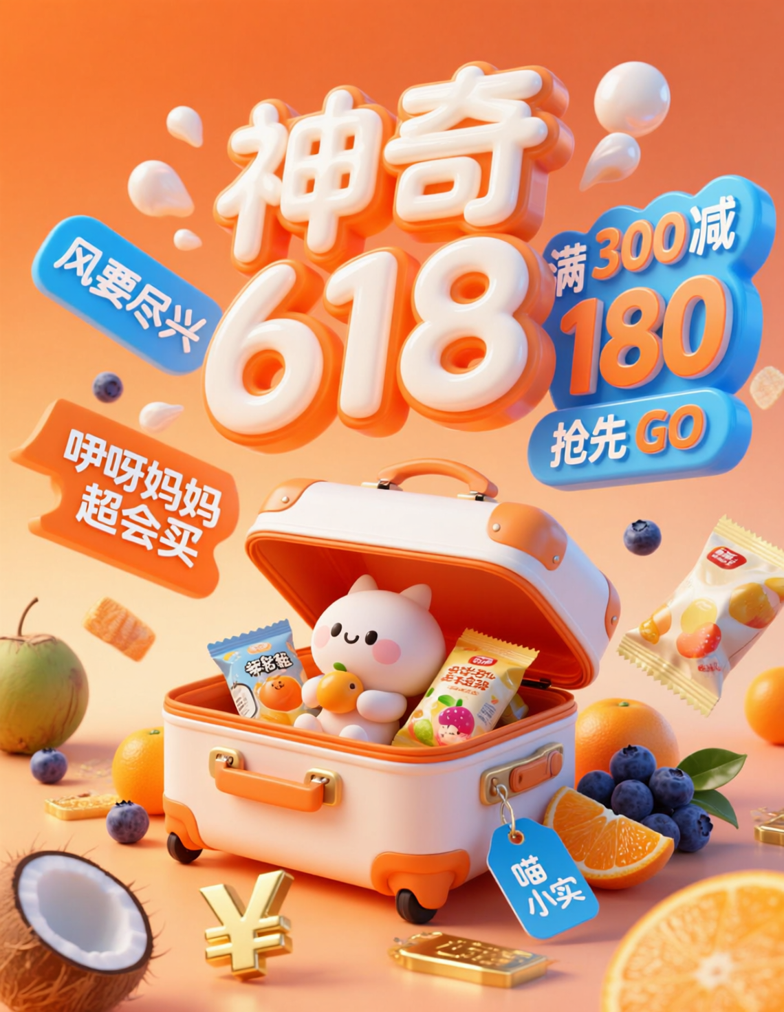 神奇618促销旅行箱水果零食广告海报