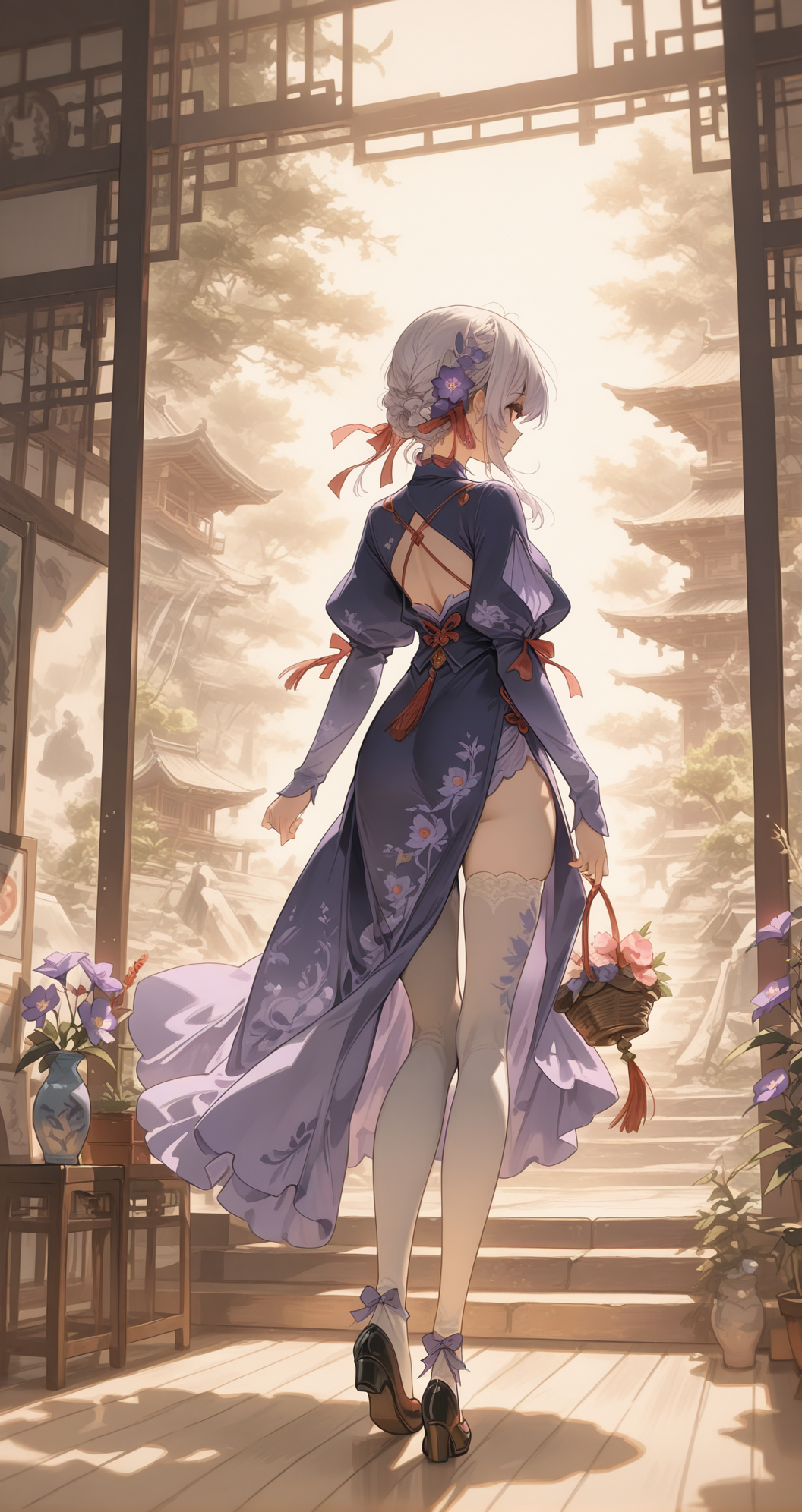 古风庭院中的持剑少女