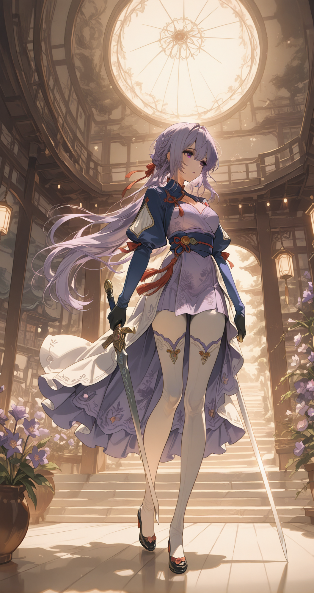 古风庭院中的持剑少女
