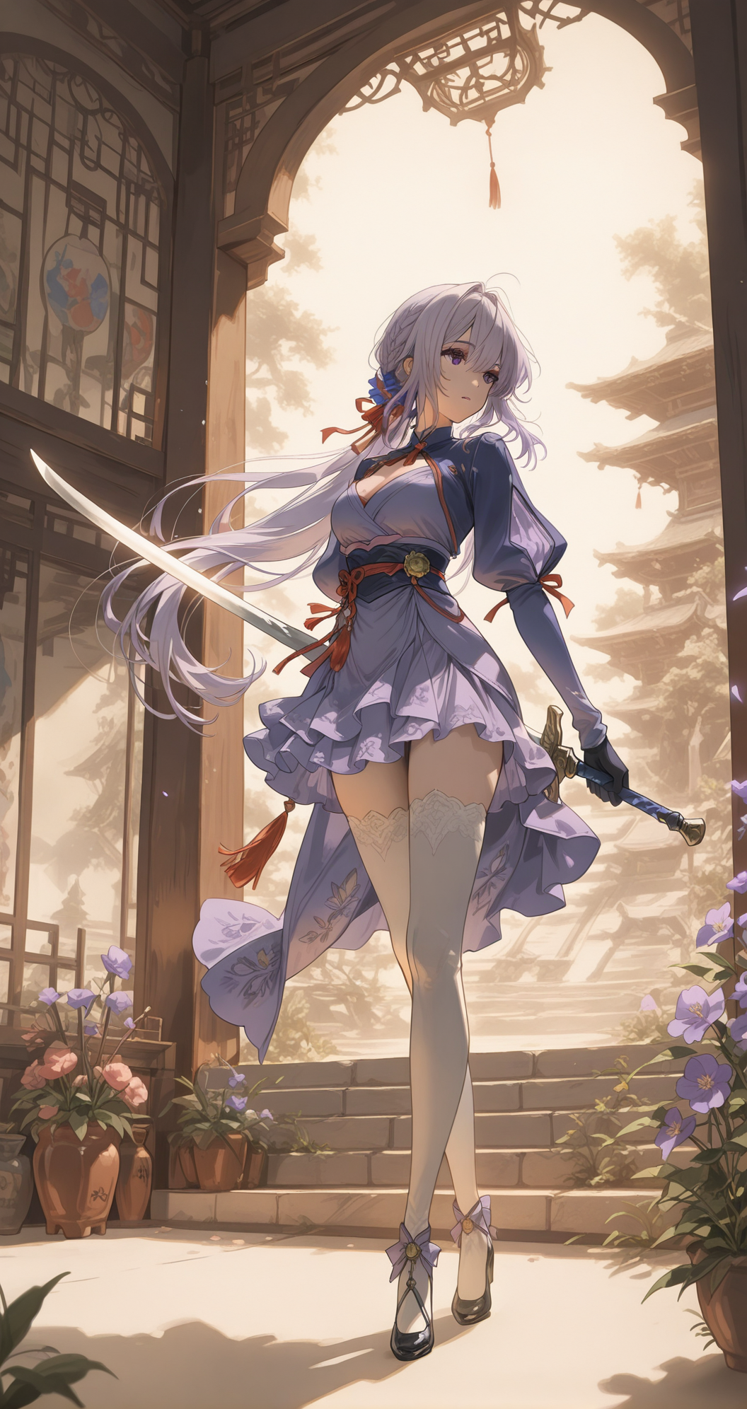 古风庭院中的持剑少女
