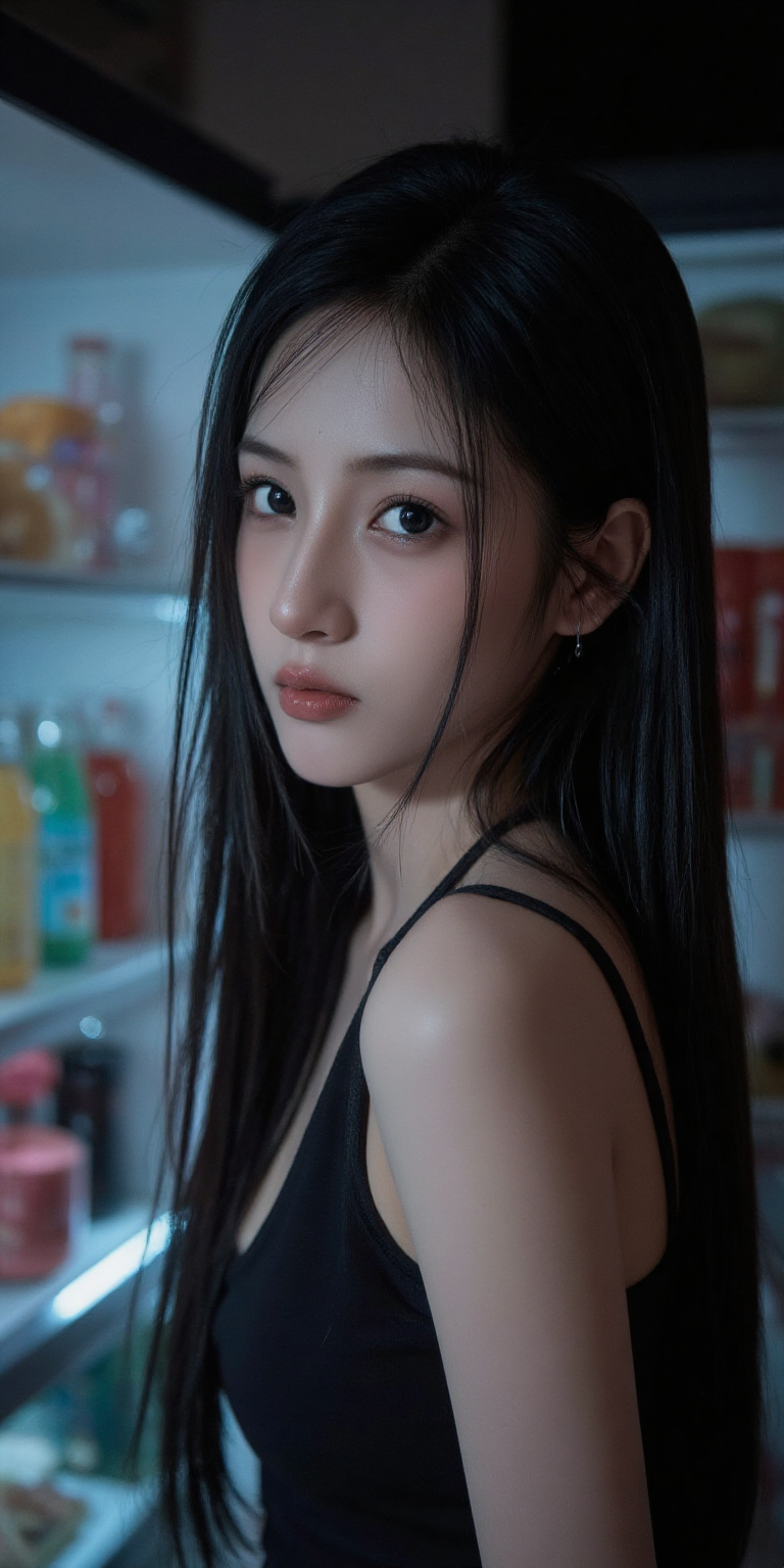 冰箱前的黑发侧影人物照