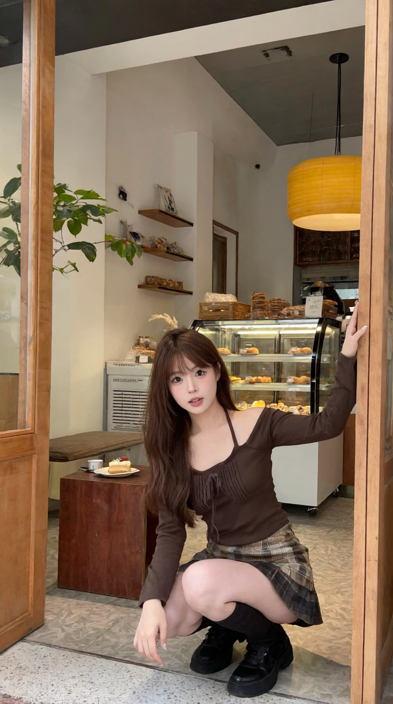温暖咖啡馆里的休闲坐姿人像