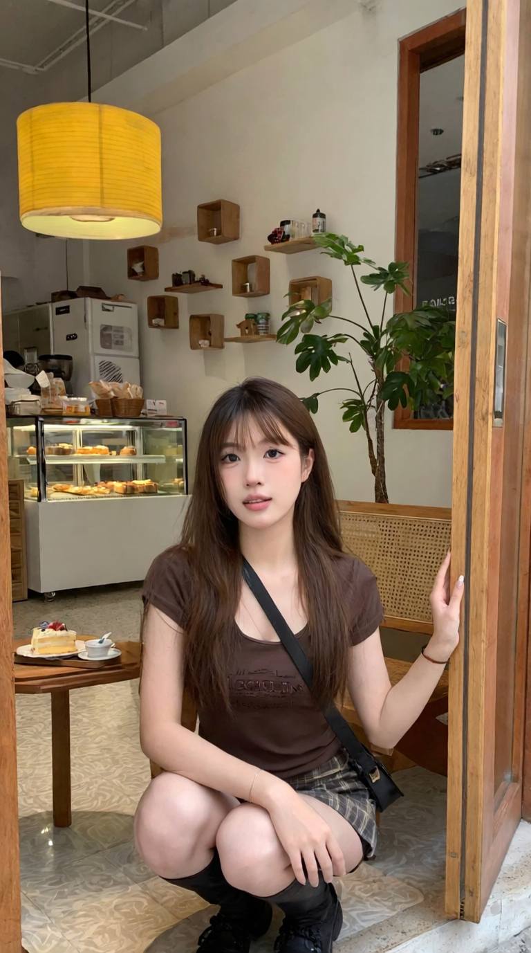温暖咖啡馆里的休闲坐姿人像