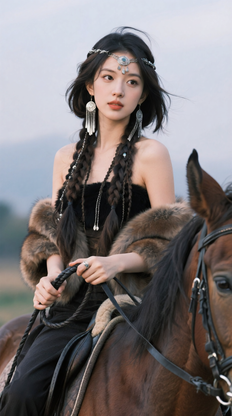 草原上骑马的民族风少女