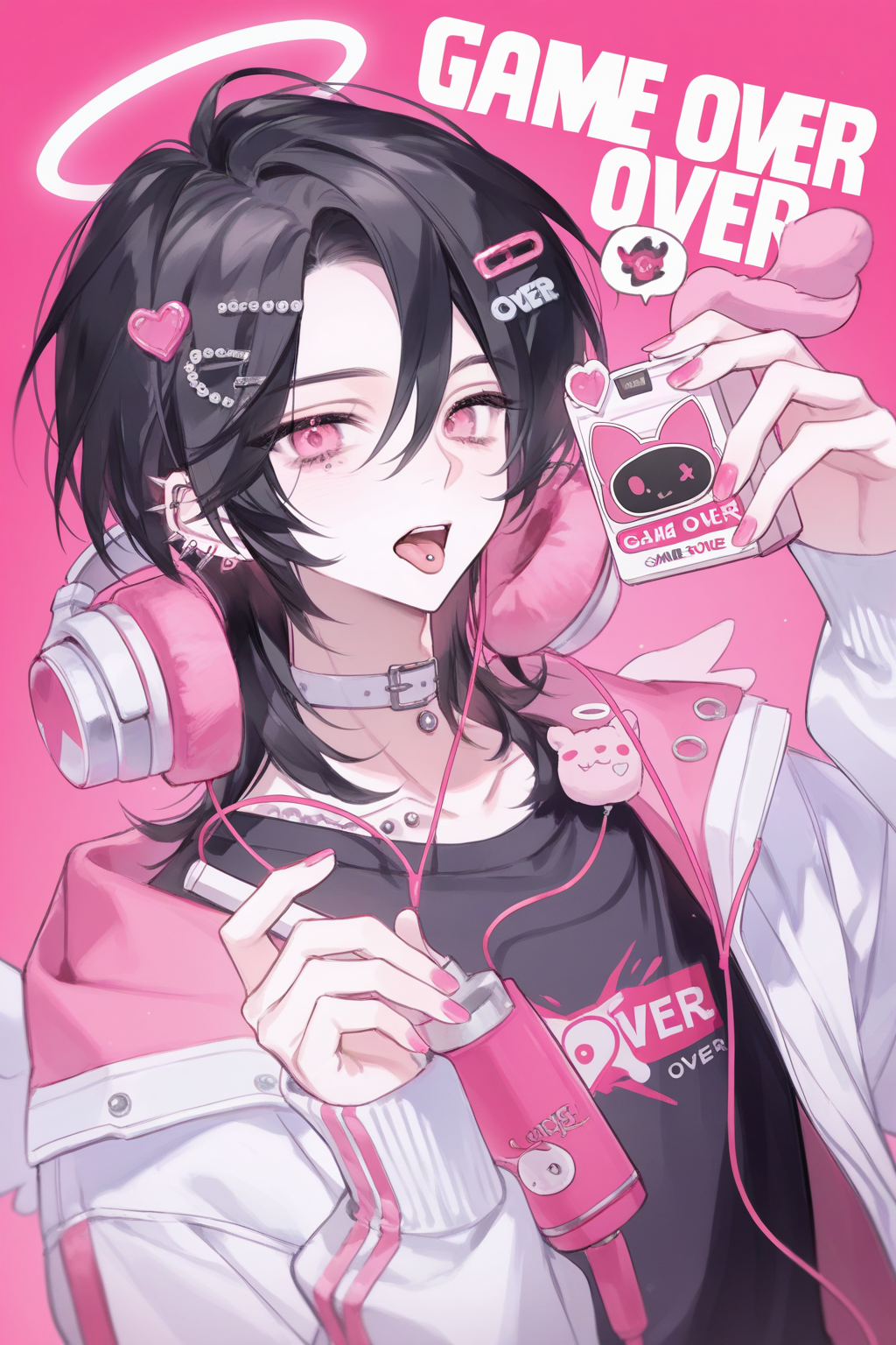 粉色潮酷二次元少女的Game Over主题插画