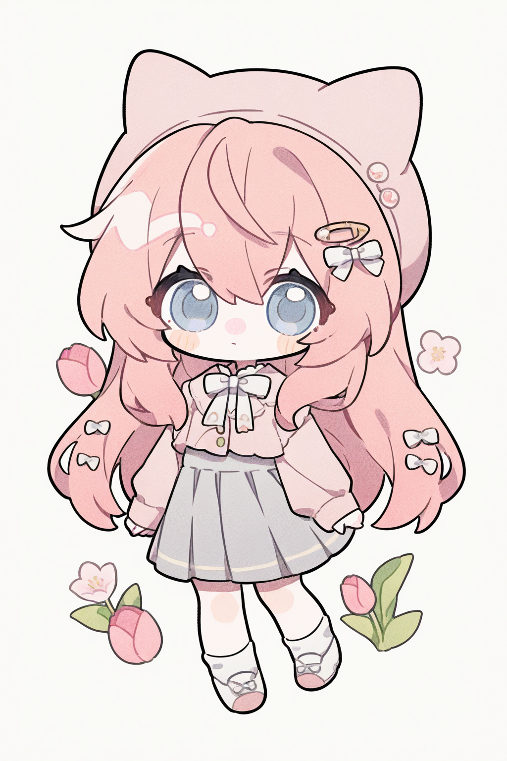 粉色猫耳少女的可爱Q版插画