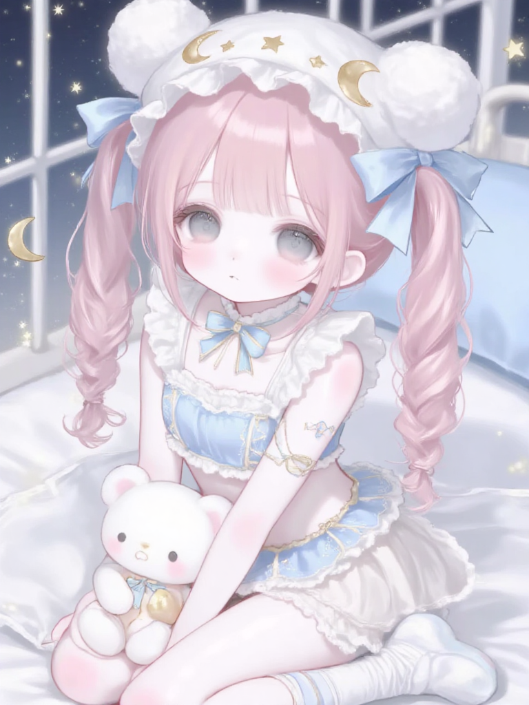 星月梦境中的粉色双马尾少女