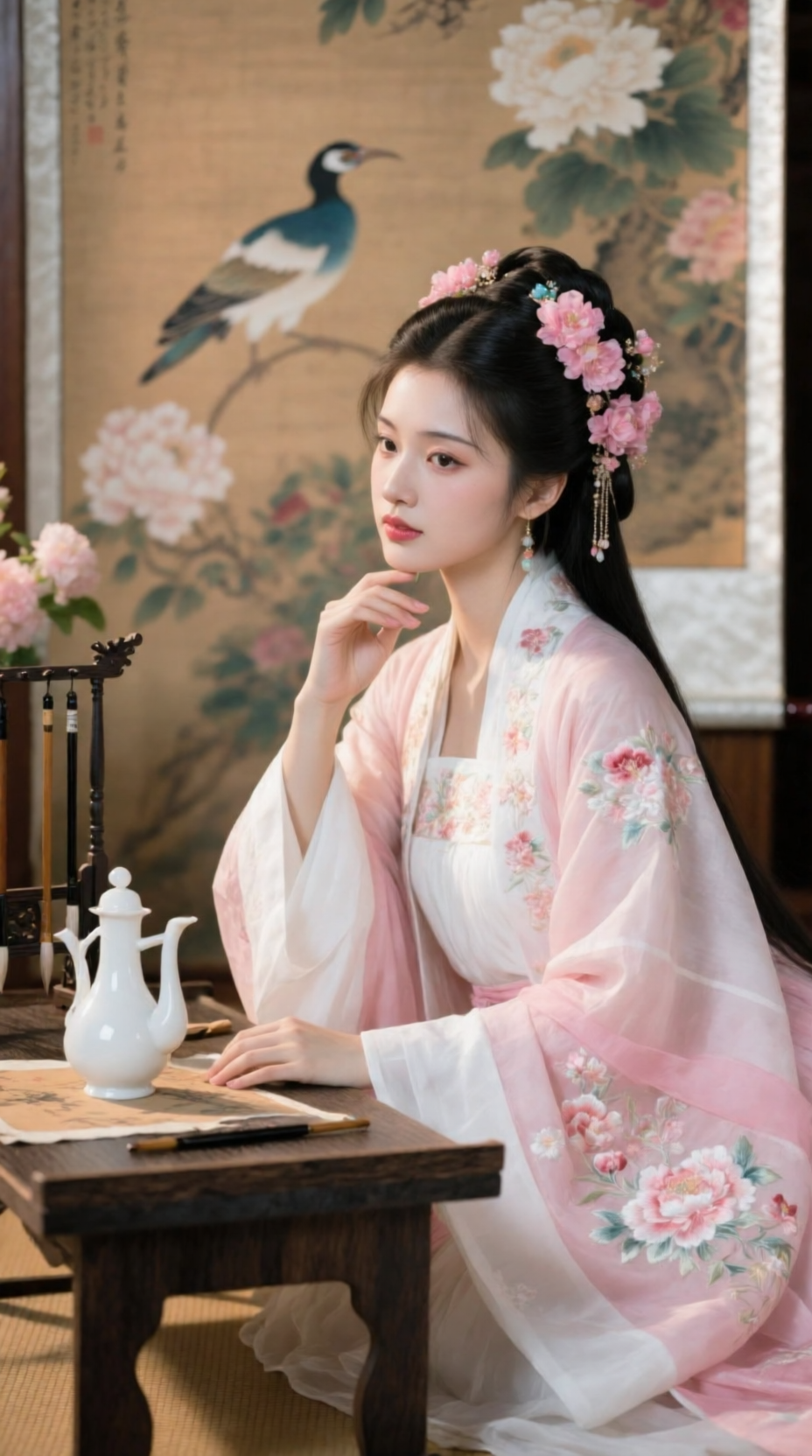 古风茶室中的花鸟汉服女子