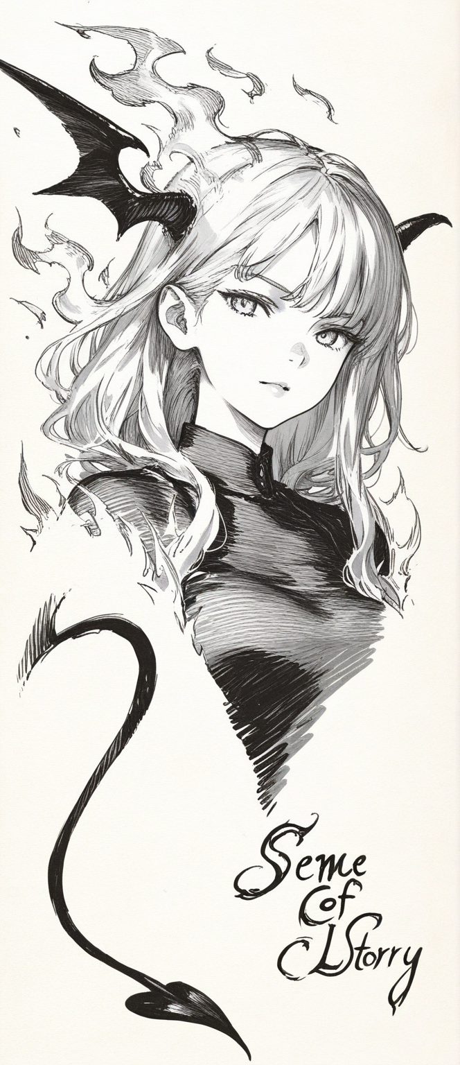 恶魔角少女的黑白手绘插画