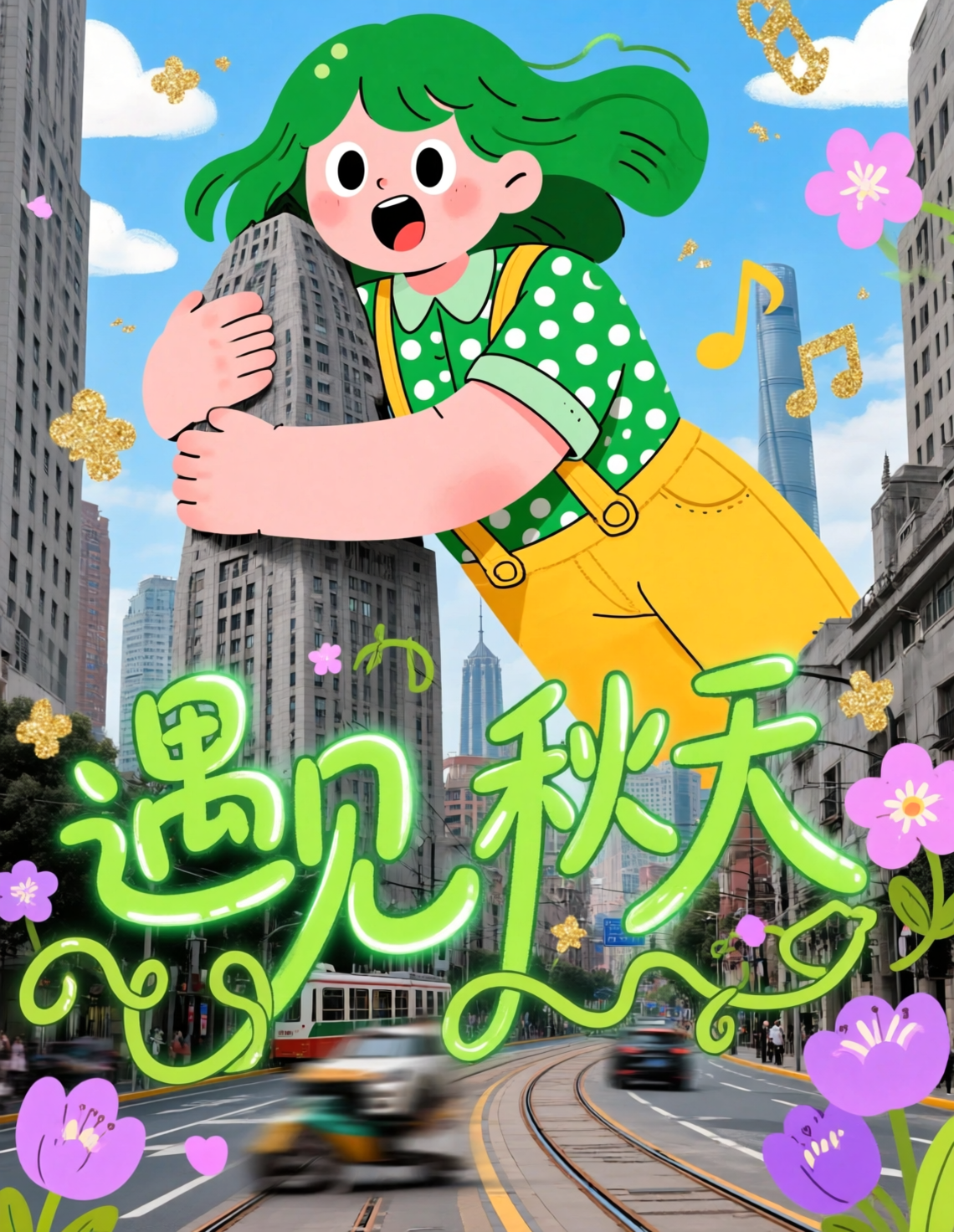 遇见秋天 虚拟实景扁平涂鸦插画海报