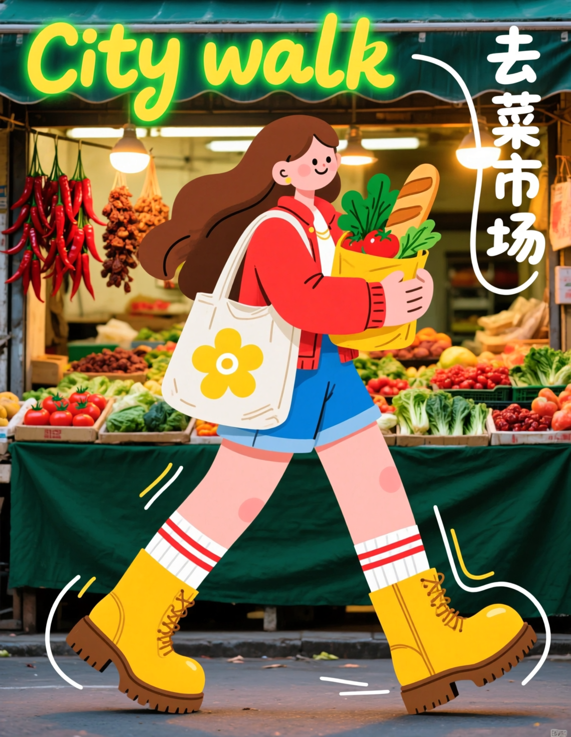 菜市场的人间烟火气 虚拟实景扁平涂鸦插画海报