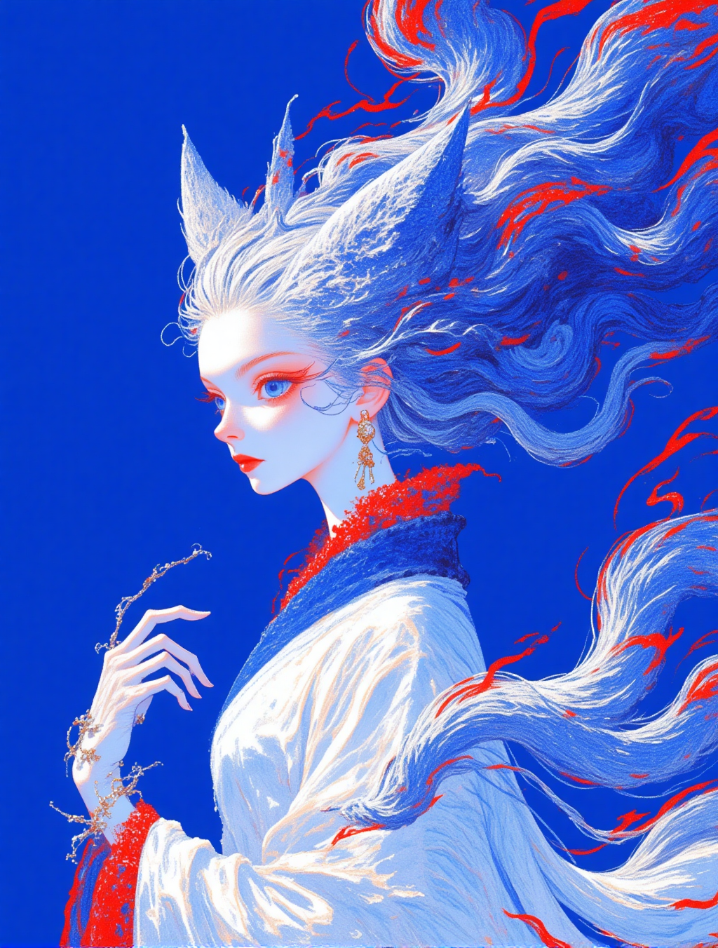蓝色幻境中的狐耳人物插画
