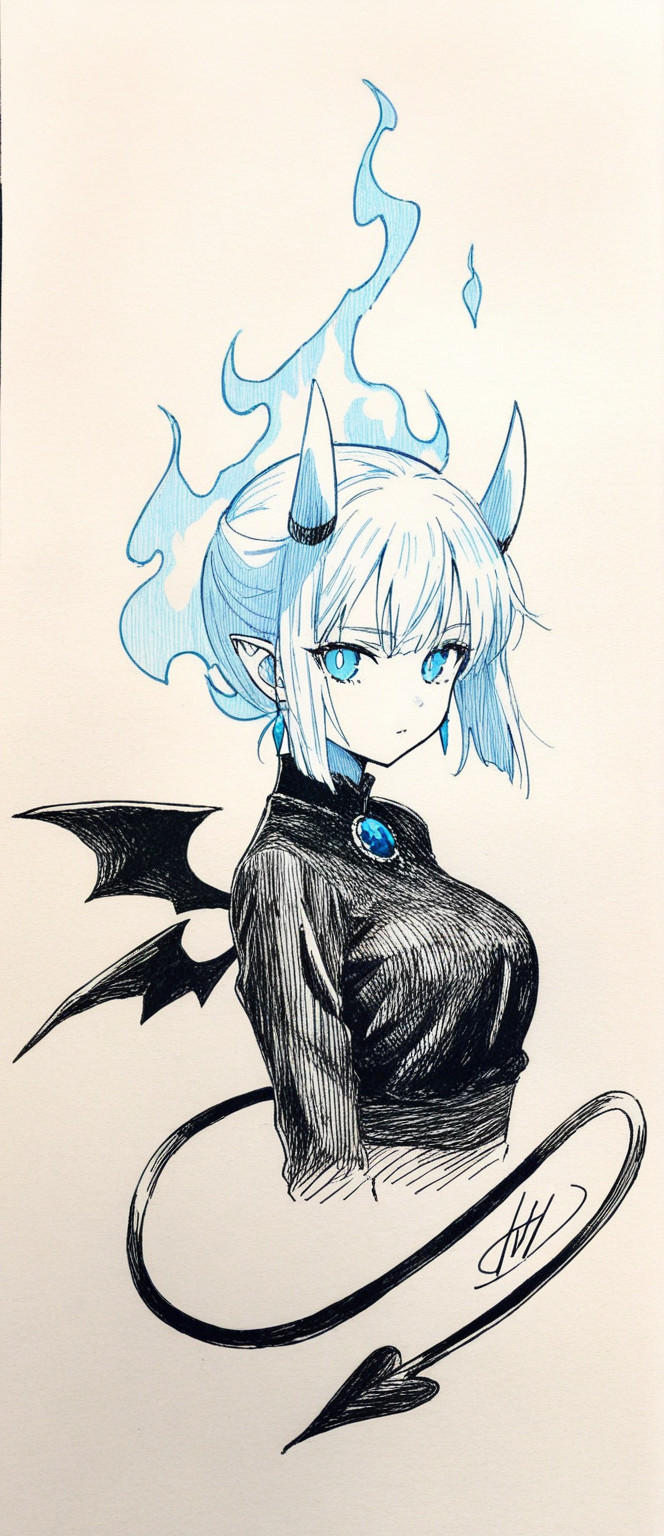 恶魔角少女的黑白手绘插画