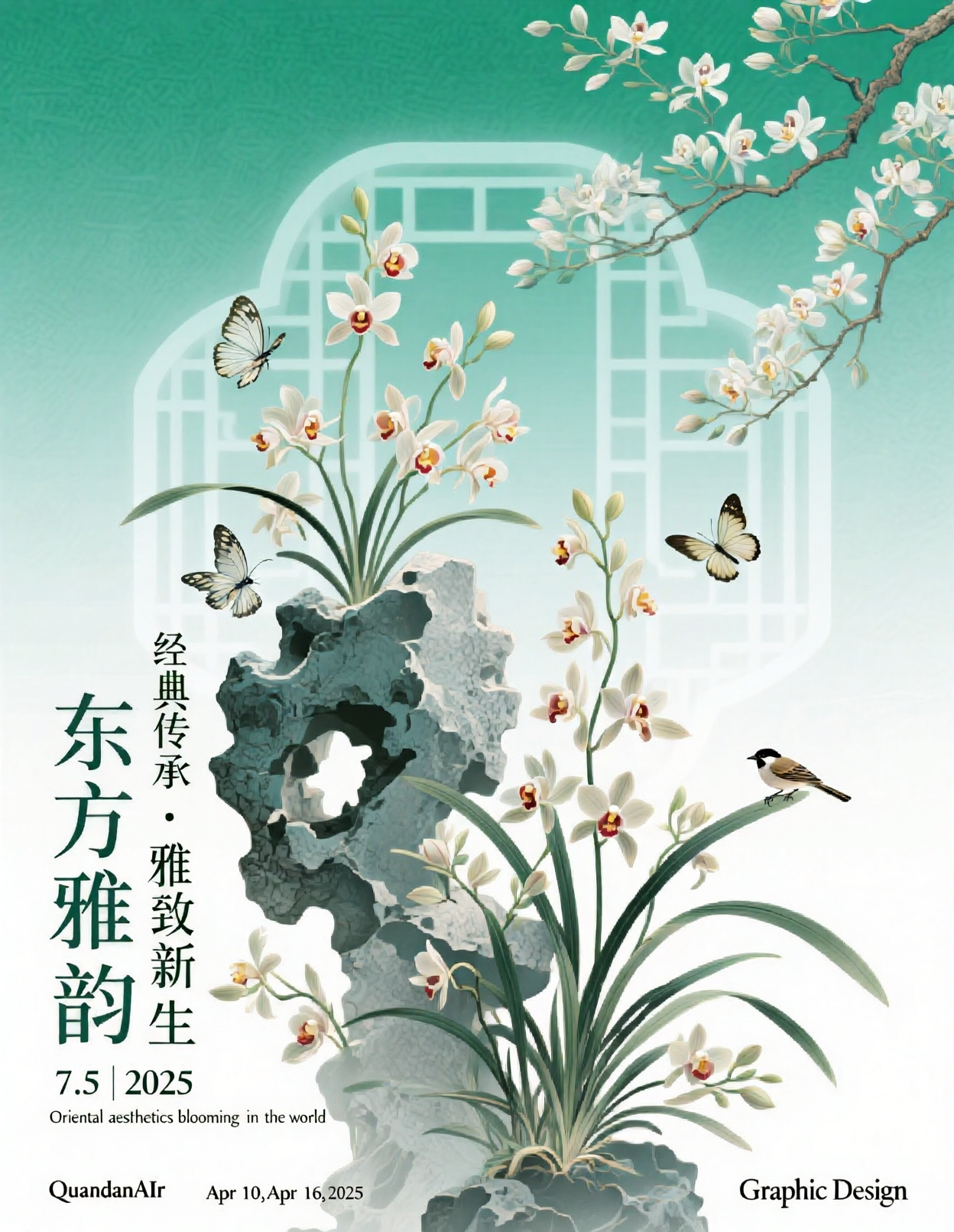 东方雅韵主题海报：兰花与山石花鸟意境