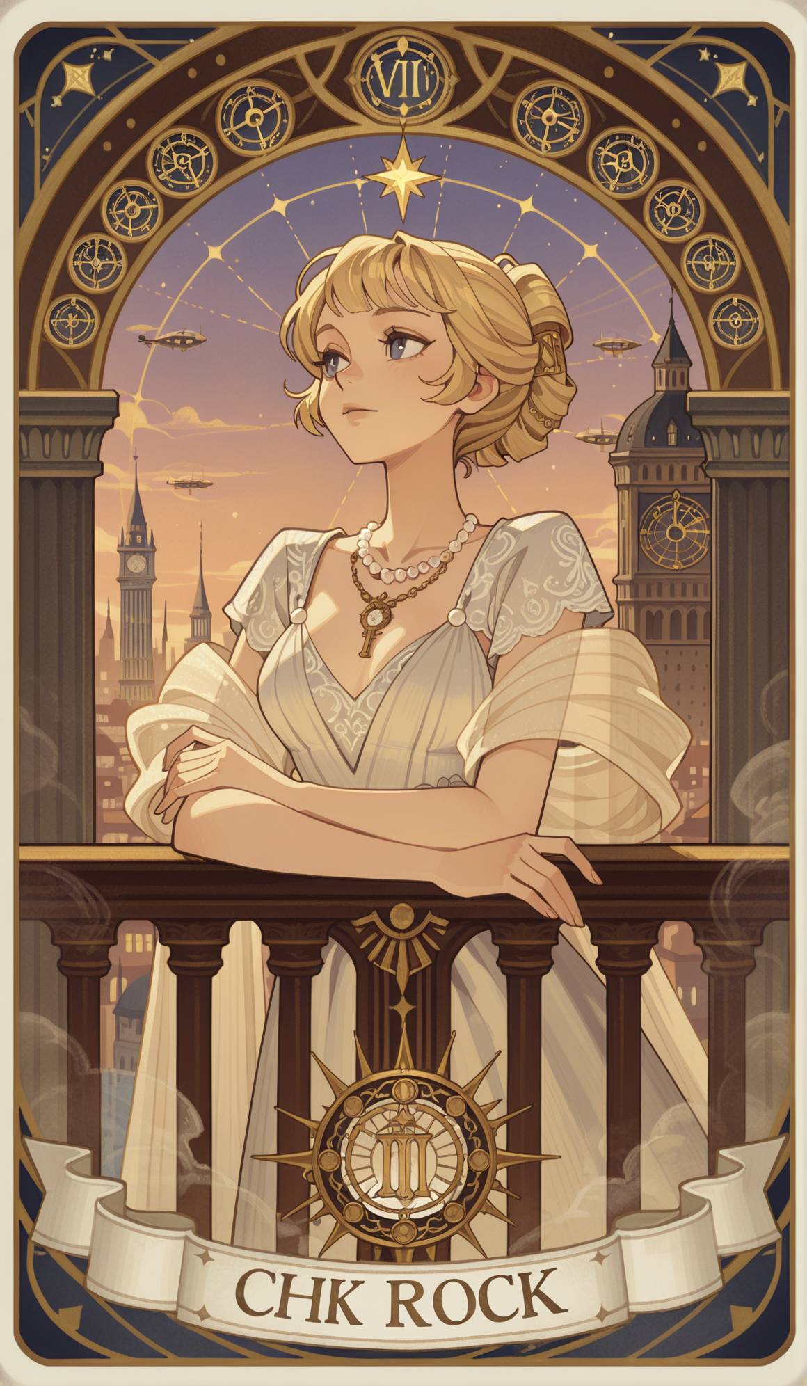 星辰钟塔与金发贵族少女插画
